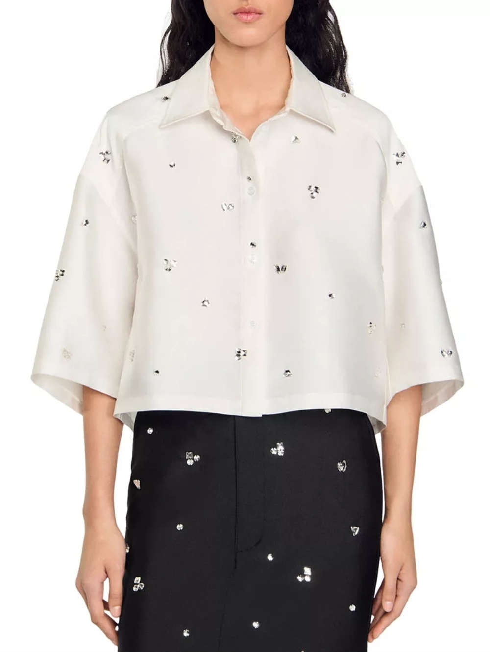Sandro White Short-Sleeve Embellished Button-Down Shirt